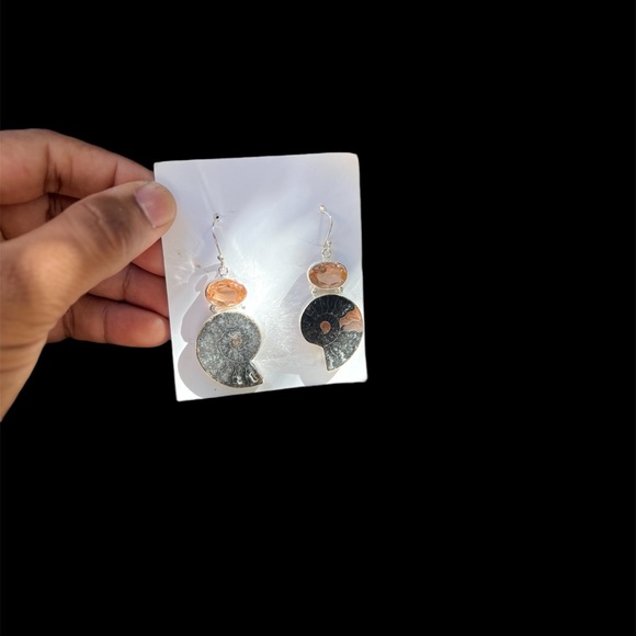 Ammonite Fossil Shell and Morganite Gemstone 925 Sterling Silver Earrings - Picture 6 of 9